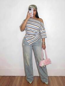 Slaydiva Contrast Stripe Y2K Asymmetric Shoulder Plus Size T-Shirt - Multicolor - View 4