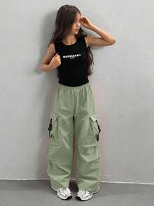 青少年女孩休閒百搭直筒工裝褲 - 綠色 - 查看 3
