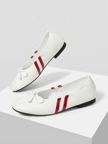 Mnmlis Simple Commuter Burgundy Parallel Bars Bow Round Toe Flat Bottom Beige Soft Leather Low Vamp Shoes Casual Shoes Fall Shoes - Off-white - View 2