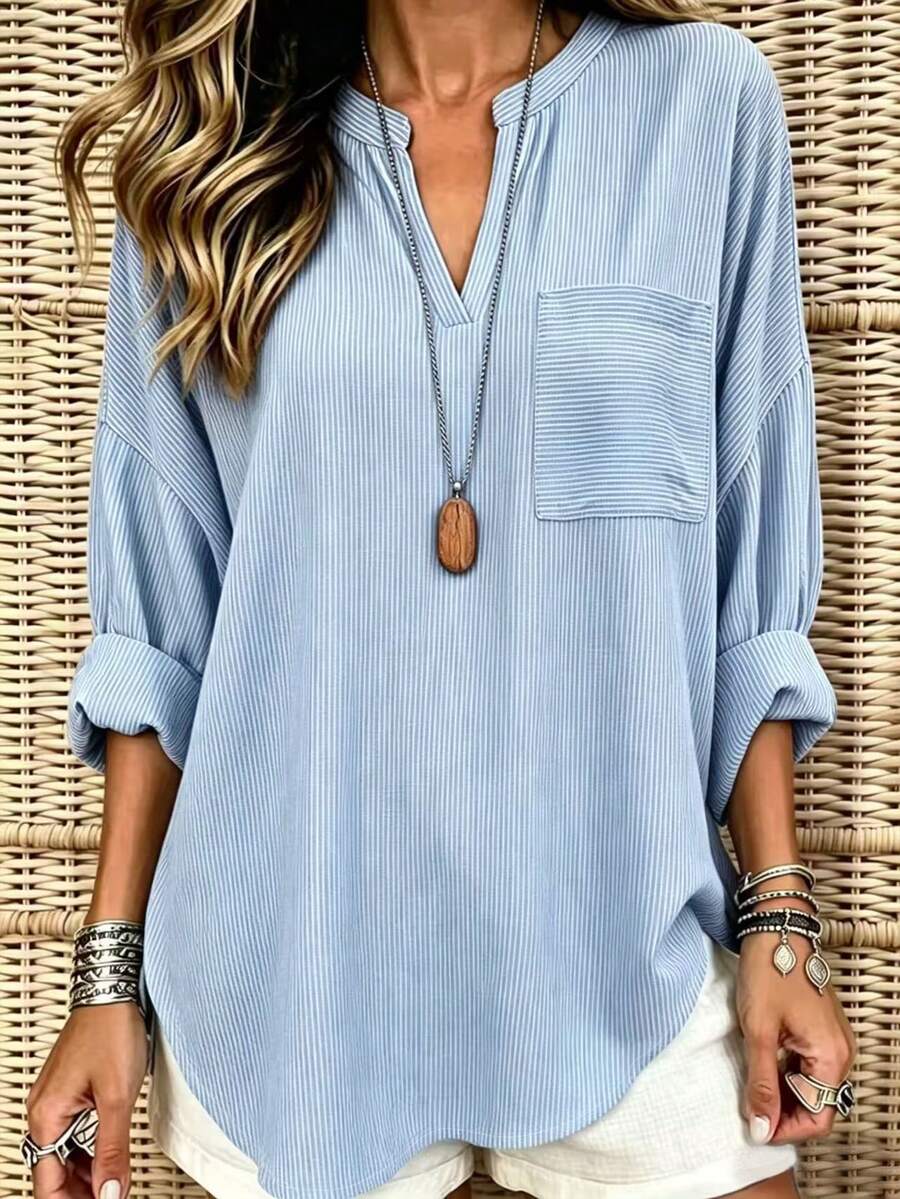 EMERY ROSE Women's Striped V-Neck Casual Versatile Daily Wear Shirt - Blue - View 1