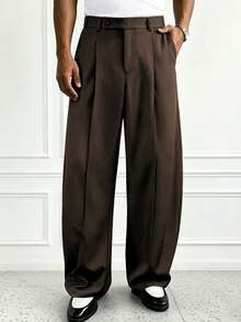 HUEFORM Men's Premium Curved Leg Trousers, Relaxed Fit, Stylish Retro Home & Commute Old Money Style Barrel Leg Loose Casual Pants - Coffee Brown - View 4