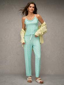 Esseday Conjunto de pijama con camiseta de tirantes con volantes y estampado de lunares y pantalón largo, conjunto de pijama de lunares para mujer, ropa de dormir, conjunto de pijama sin mangas para mujer - Verde - Ver 6