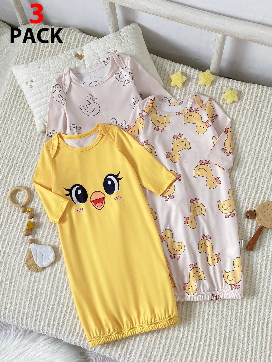 SHEIN 3件組新生兒睡袋與休閒服套裝,黃色可愛卡通鴨子印花,適合洗禮禮物、居家與外出穿著,四季適用 - 黃色 - 查看 1
