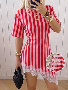 SHEIN EZwear 休閒度假風紅色直條紋滿版印花針織貼身洋裝，適合春夏度假 - 彩色 - 查看 5