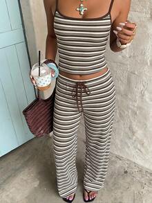 Aloruh 女款休閒居家服棕色條紋細肩帶背心與長褲套裝 - 棕色 - 查看 7