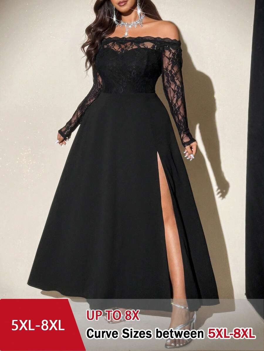 SHEIN CURVE+ 性感修身露肩网纱长袖加大码连衣裙 - 黑色 - 查看 1