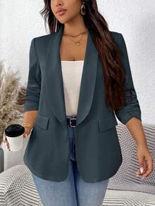 SHEIN LUNE Plus Size Women's Solid Color Pleated Sleeve Blazer In Fall/Winter - Green - View 1