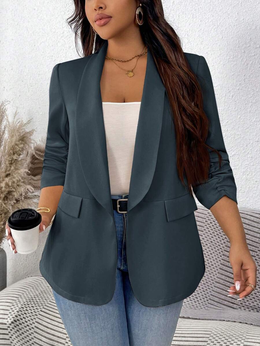 SHEIN LUNE Plus Size Women's Solid Color Pleated Sleeve Blazer In Fall/Winter - Green - View 1