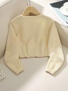 SHEIN Tween女孩秋冬針織開襟毛衣新品，獨特清新活力設計，可搭配T恤、背心、細肩帶洋裝、芭蕾舞裙、洋裝等多款單品，適合家庭時光、參加派對、戶外活動、節日聚會，也非常適合穿搭拍照，ICON女孩必備 - 米色 - 查看 2