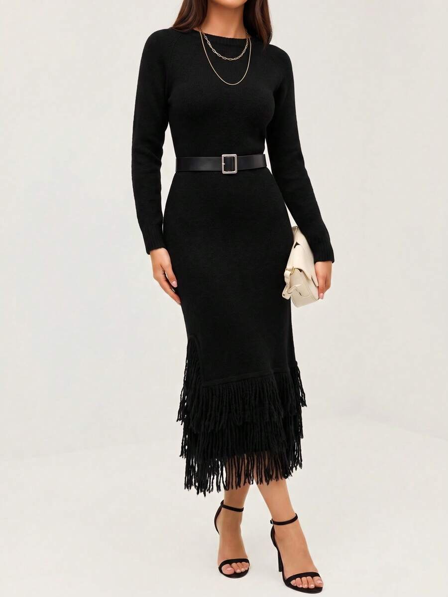 SHEIN Orluneo 新款秋冬欧美风性感不对称肩部流苏毛绒针织连衣裙 - 黑色 - 查看 1