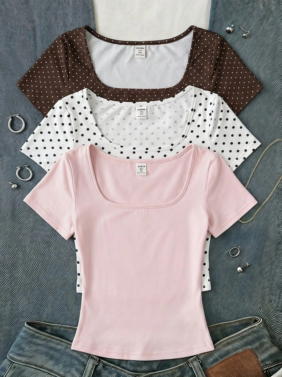 3pcs/Set Tween Girls' Casual Minimalist Polka Dot & Solid Color Square Neck Short Sleeve T-Shirts - Multicolor - View 1