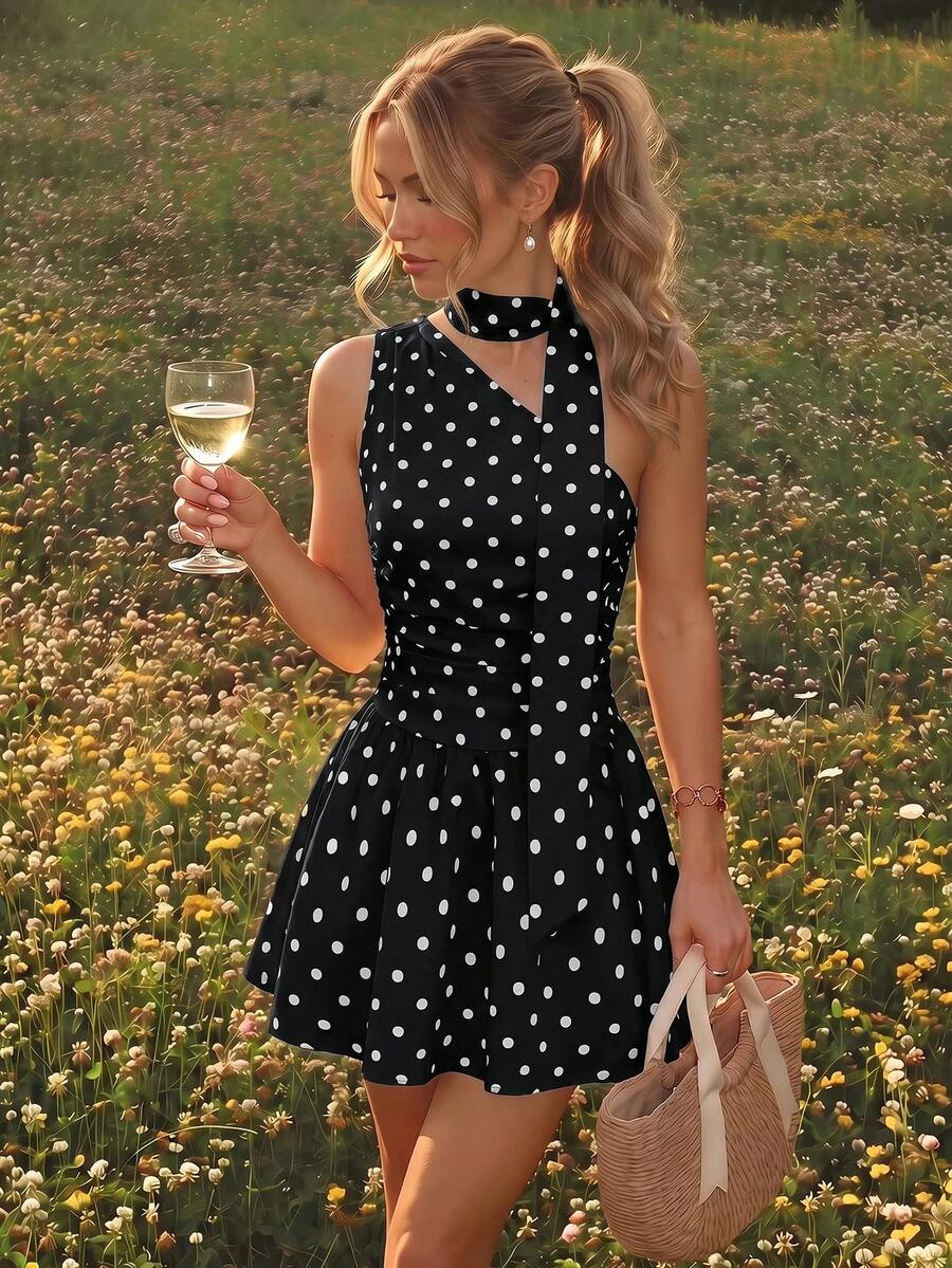 SHEIN MOD Women's French Polka Dot Print Pleated One Shoulder Fashion Dress - Black - View 1