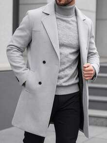Manfinity CasualCool 男士純色鈕扣式長袖黑色大衣，秋冬風格 - 灰色 - 查看 5