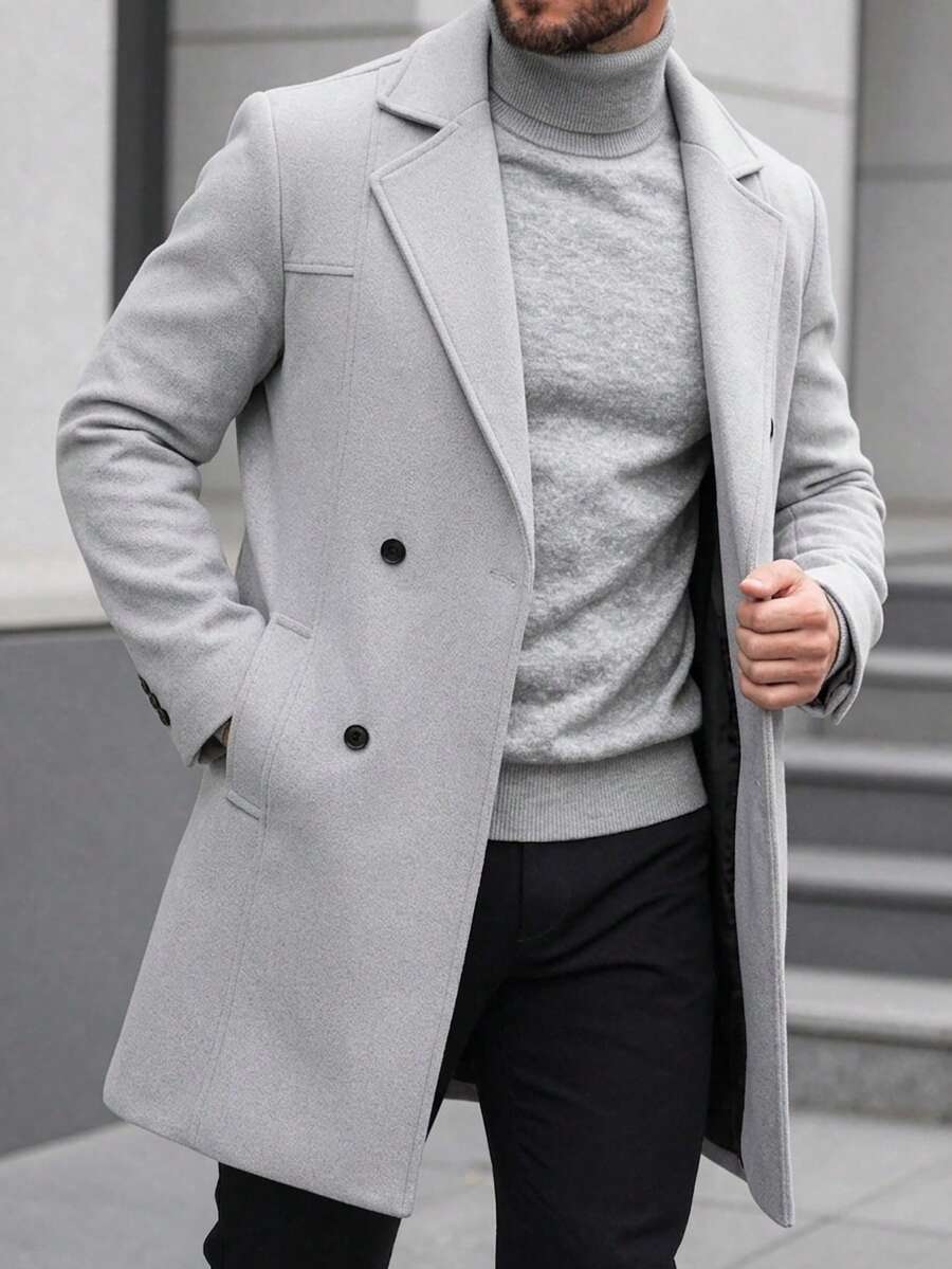 Manfinity CasualCool Men's Solid Color, Button-Down, Long-Sleeved Black Overcoat, Autumn/Winter Style. - Grey - View 1