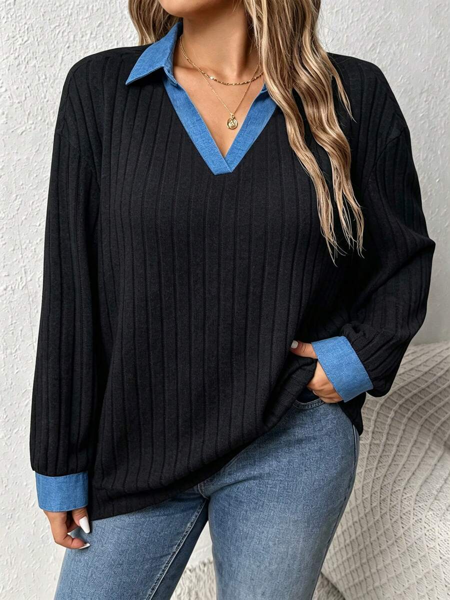 Linhara CURVE Kaos Lengan Panjang Berkerut Motif Patchwork Ukuran Plus untuk Wanita, Atasan Kasual untuk Musim Gugur/Dingin - Hitam - View 1