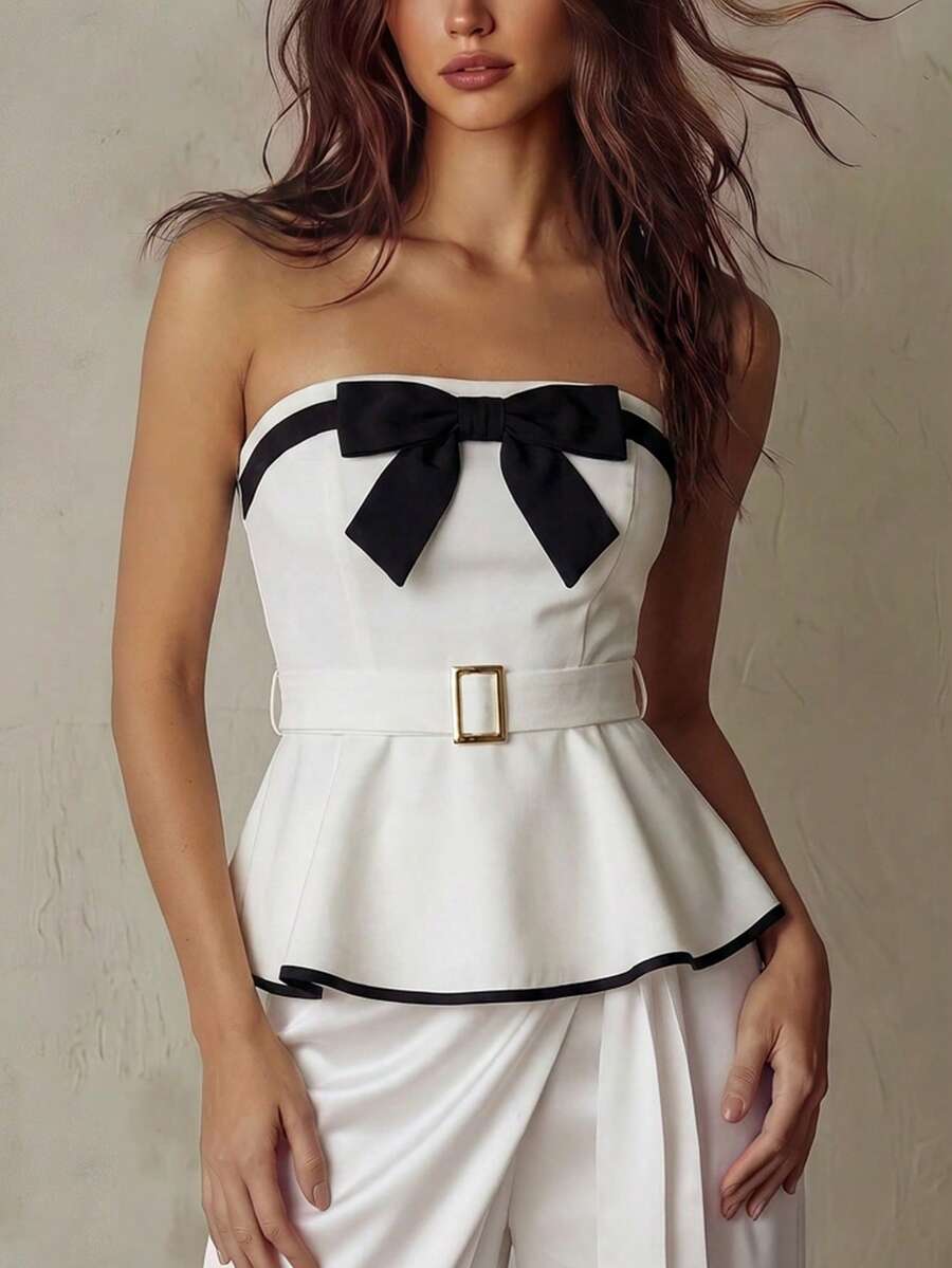 Franclia 女款春夏白色與黑色對比蝴蝶結前胸束腰收腰喇叭下擺上衣,附可拆卸腰帶,適合休閒日常通勤、外出、下午茶、約會 - 黑與白 - 查看 1