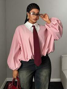 Mawevolt Plus Size Long Sleeve Preppy Sweet Elegant Commute Office Shopping Blouse - Pink - View 4
