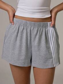 Musera Sport Contrast Colour Side Stripe Elasticated Waist Loose Fit Mini Shorts Daily Casual Pilates Gym Sport Active - Grey - View 2