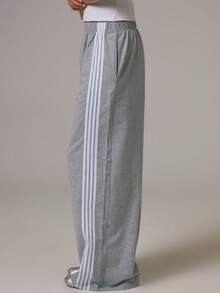 Musera Sport Contrast Colour Side Stripe Elasticated Waist Loose Fit Wide Leg Jogger Daily Casual Pilates Gym Sport Active - Grey - View 3