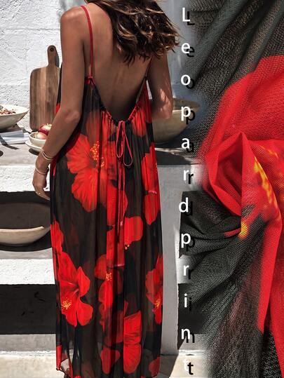 Breezaya Summer Swimwear New Floral Mesh Print Black Long Elegant Sexy Casual Super Loose Backless Adjustable Tie Cami Dress Cover-Up, Women's Elegant Dress, Summer Beach Vacation, Work, Country, Easter Thanksgiving, Mother's Day, Music Festival, Halloween Christmas, Cruise, Club, Wedding, Picnic