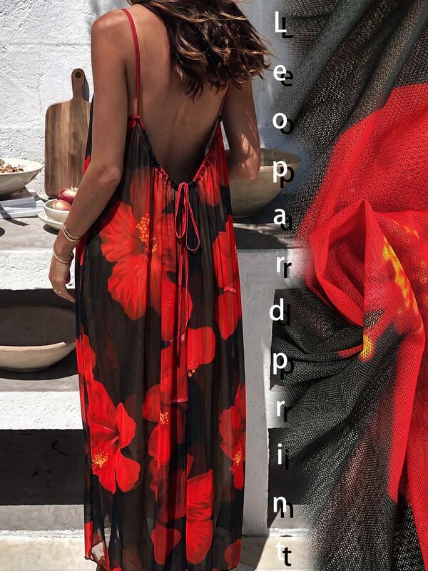 Breezaya Vestido de baño de verano nuevo con estampado floral de malla negra, largo, elegante, sexy, casual, súper holgado, sin espalda, con tiras ajustables, vestido camisola, vestido elegante para mujer, vacaciones de verano en la playa, trabajo, campo, Pascua, Acción de Gracias, Día de la Madre, festival de música, Halloween, Navidad, crucero, club, boda, picnic