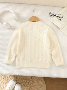 PrepCrw Kids Young Boy Knit Solid Color Cable Knit Crew Neck Casual Autumn Winter Sweater, Classic Stripes, Small Horse Logo - Beige - View 2