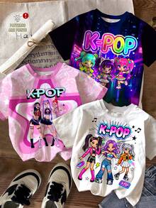 少女彩色酷炫漸層 K-Pop 超級巨星卡通女團印花圓領短袖基本款T恤，適合春夏，3件組 - 彩色 - 查看 3