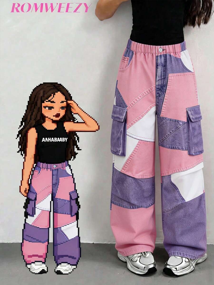SHEIN Sparklyn Tween Girl Elastic Waist Colorblock Casual Everyday Long Pants - Multicolor - View 1