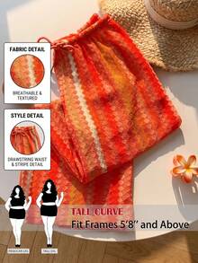 SHEIN Tall CURVE 條紋彈性腰大尺碼女款直筒度假長褲 - 紅色 - 查看 2