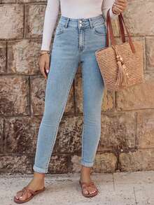 EMERY ROSE High Waist Slant Pocket Skinny Black Jeans - Light Wash - View 3