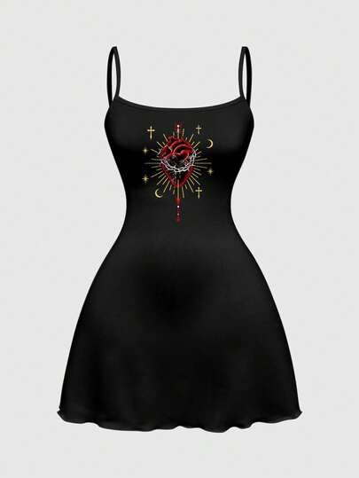 ROMWE Dark Gothic Heart Halloween Sexy Dark Girl Mini Dress