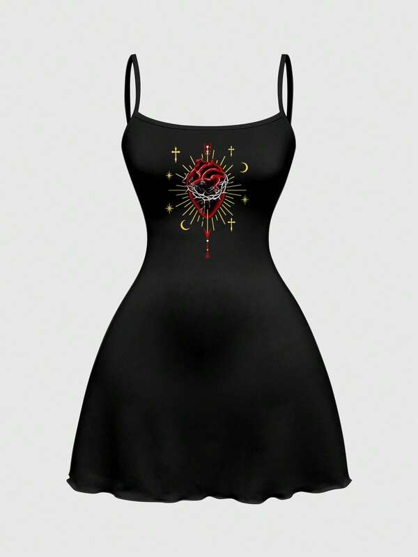 ROMWE Robe mini sexy gothique sombre avec cœur pour Halloween pour fille