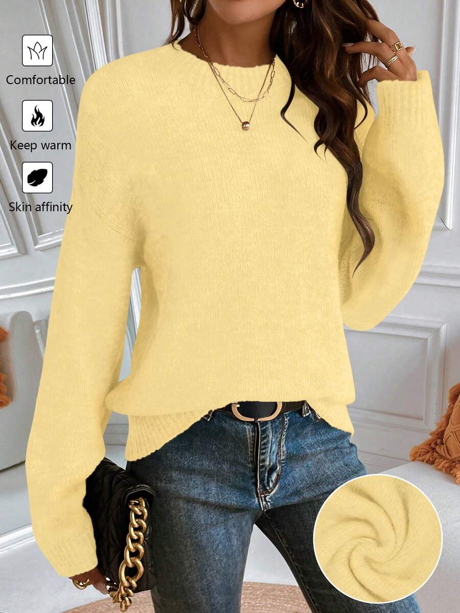 SHEIN 【5%羊毛含量】女款秋冬新款升級版淺黃色圓領寬鬆極簡落肩羊毛混紡針織毛衣,適合度假、休閒、百搭、通勤穿著 - Butter Yellow - 查看 1