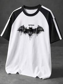 BATMAN X SHEIN Manfinity EMRG 男士圓領字母與蝙蝠圖案短袖T恤，休閒穿著 - 彩色 - 查看 1
