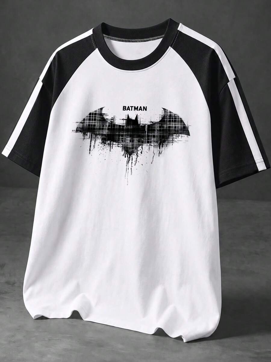 BATMAN X SHEIN Manfinity EMRG 男士圓領字母與蝙蝠圖案短袖T恤,休閒穿著 - 彩色 - 查看 1