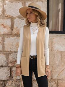 Faunlyn Dual Pocket Open Front Vest Coat - Camel - View 6