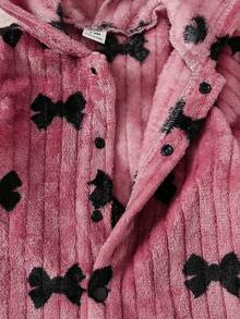 SHEIN 新生女嬰可愛拉鍊式蝴蝶結裝飾鈕扣抓絨內裡連帽長袖長版粉色連身衣，冬季穿著，寬鬆舒適 - 粉色 - 查看 5