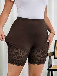 SHEIN Clasi Conjunto de 2 piezas de leggings para mujer talla grande, pantalones y shorts en negro y marrón chocolate, con dobladillo de encaje, elásticos, elegantes y casuales para oficina, vacaciones y verano - Café integral - Ver 3