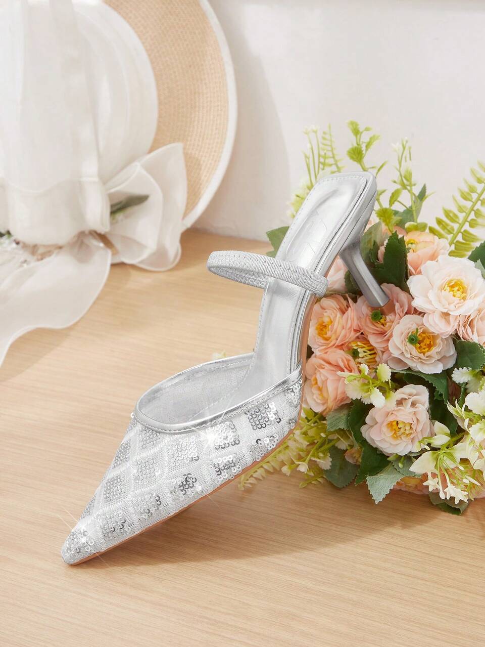 CUCCOO HITCHD Summer Sequins With Pointed Toes Stilettos High Heels Sexy Silver Mules Date Party Fall Shoes