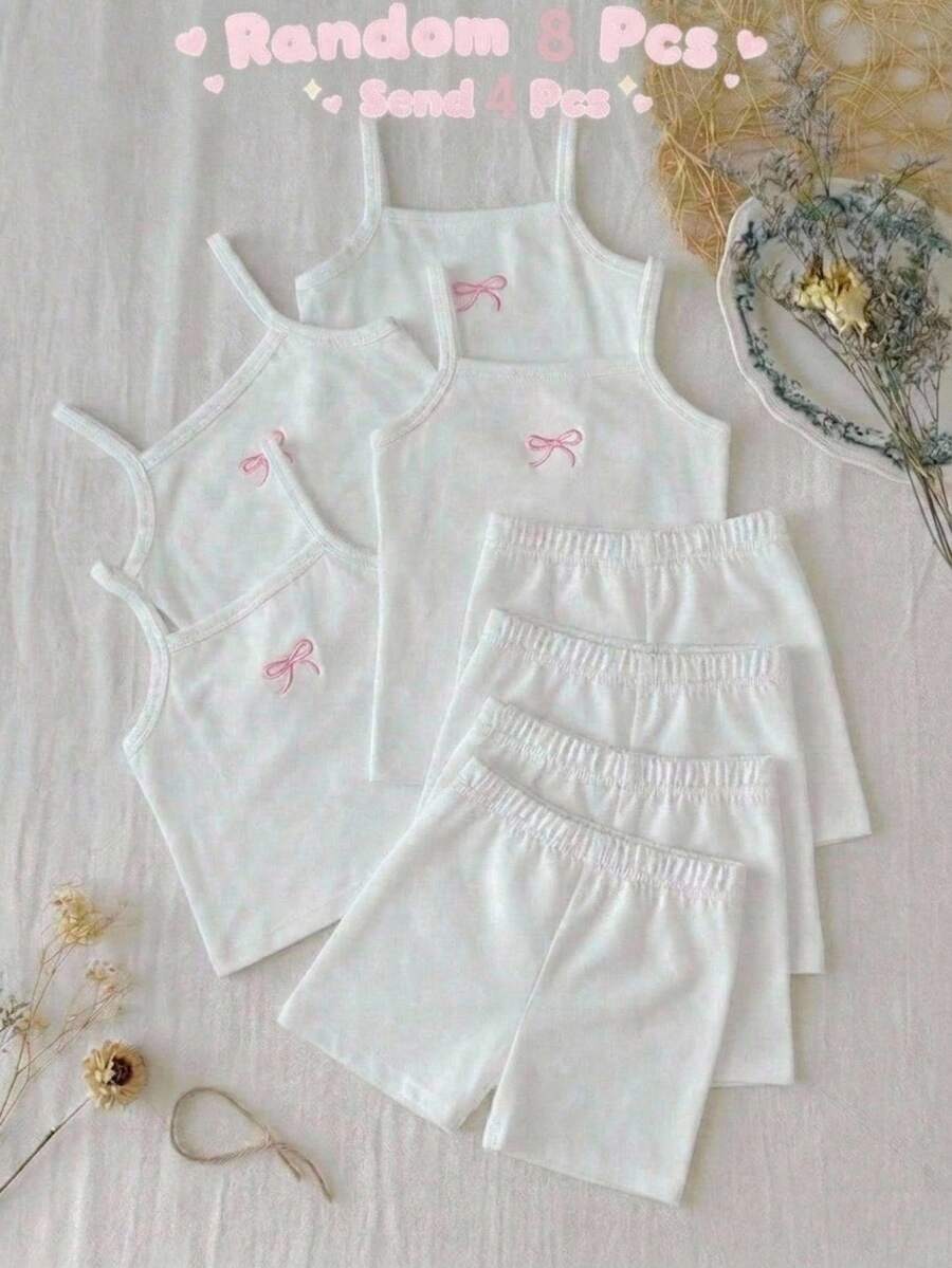 SHEIN 少女蝴蝶結刺繡細肩帶背心與短褲內衣套裝 - 粉色 - 查看 1