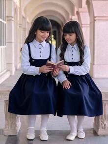 SHEIN Tween女孩時尚優雅藍色條紋拼接學院風長袖襯衫洋裝 秋冬穿搭 萬聖節/聖誕派對 - 藏蓝色 - 查看 7