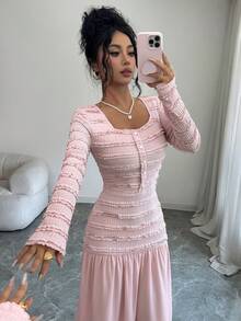 Elenzga Gaun Wanita Lengan Panjang Leher Persegi, Gaun Rajut Pas Badan dengan Detail Jala Kontras Bertingkat, Busana Romantis, Feminin, dan Elegan untuk Kencan Malam - Berwarna merah muda - View 6