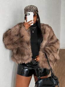 Maweii Women's Fashion French Elegant Old Money Style Luxury Light Brown Tie-Dye Round Neck Short Long Sleeve Faux Fur Coat For Work, Outing, Party, Holiday, Winter, Plus Size - Brown - View 7