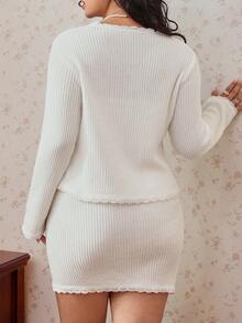 CovetEZ Plus Size Women's 3D Floral Decor Long Sleeve Knit Cardigan And Skirt Set Date Night Cocktail Wedding Guest Dinner Formal Party White Autumn - White - View 2