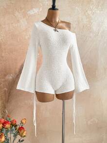 Soleia Women's Vacation Versatile Asymmetrical Shoulder Tie Strap Sweater Romper - White - View 5