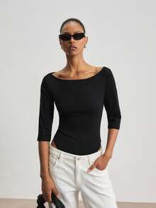 ATUI Studio Women Minimalist Off Shoulder Bodysuit, 3/4 Sleeve Stretch Jersey Slim Fit Basic Black Top For Daily Office Wear - Black - View 5