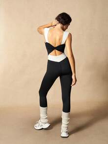 VARSIVA Women's Colorblock Criss-Cross Cutout Design Sports Jumpsuit - Black and White - View 8