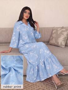 Al Najma 優雅領口洋裝，泡泡印花與荷葉邊下擺 - 藍色 - 查看 1