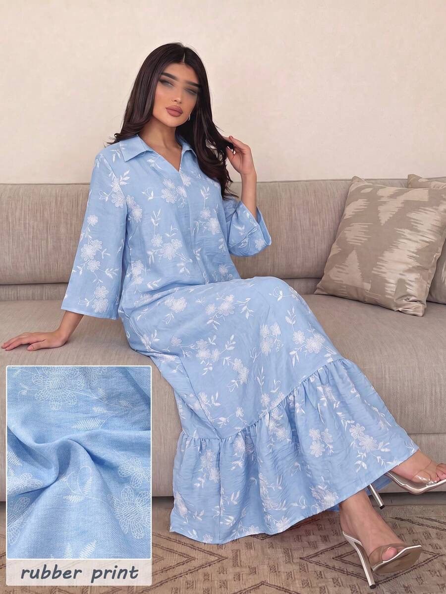 Al Najma 優雅領口洋裝,泡泡印花與荷葉邊下擺 - 藍色 - 查看 1