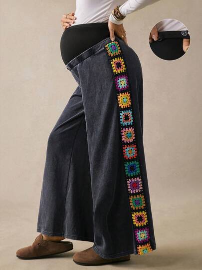 Boho Mama Celana Hamil dengan Pengait Samping, Motif Bunga, Pinggang Dapat Diatur, dan Potongan Lebar.